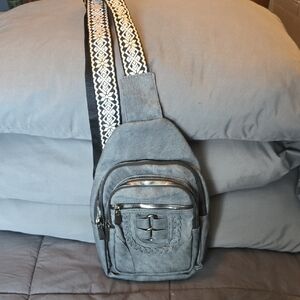 Gray Crossbody Bag with Patterned Strap